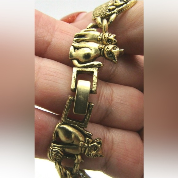 Adorable Vintage Gold Tone Kitten/Cats in Basket Gold Tone Bracelet 6.75" GUC - Picture 5 of 5
